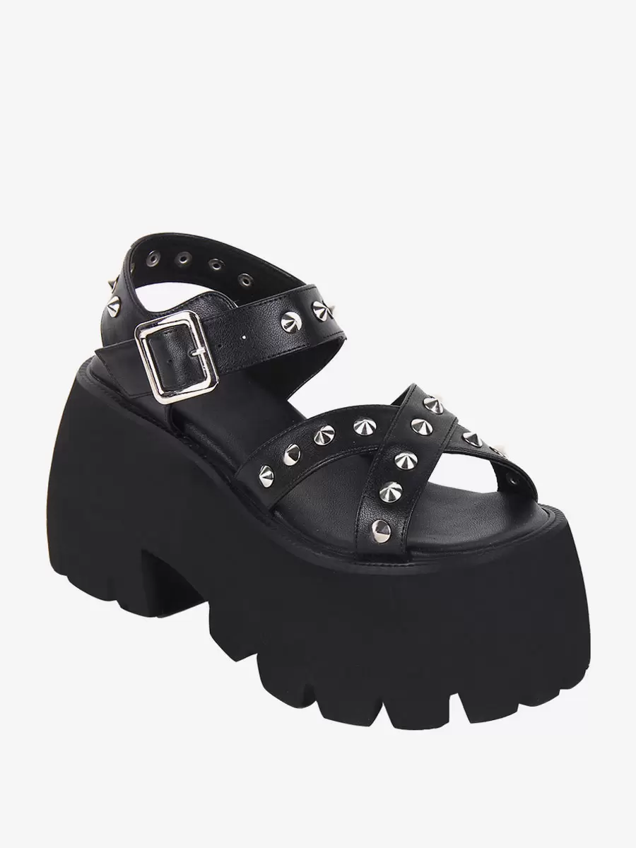 Gothic Lolita Sandals Metal Details Peep Toe Metallic PU Leather Black Lolita Summer Shoes - Image 3