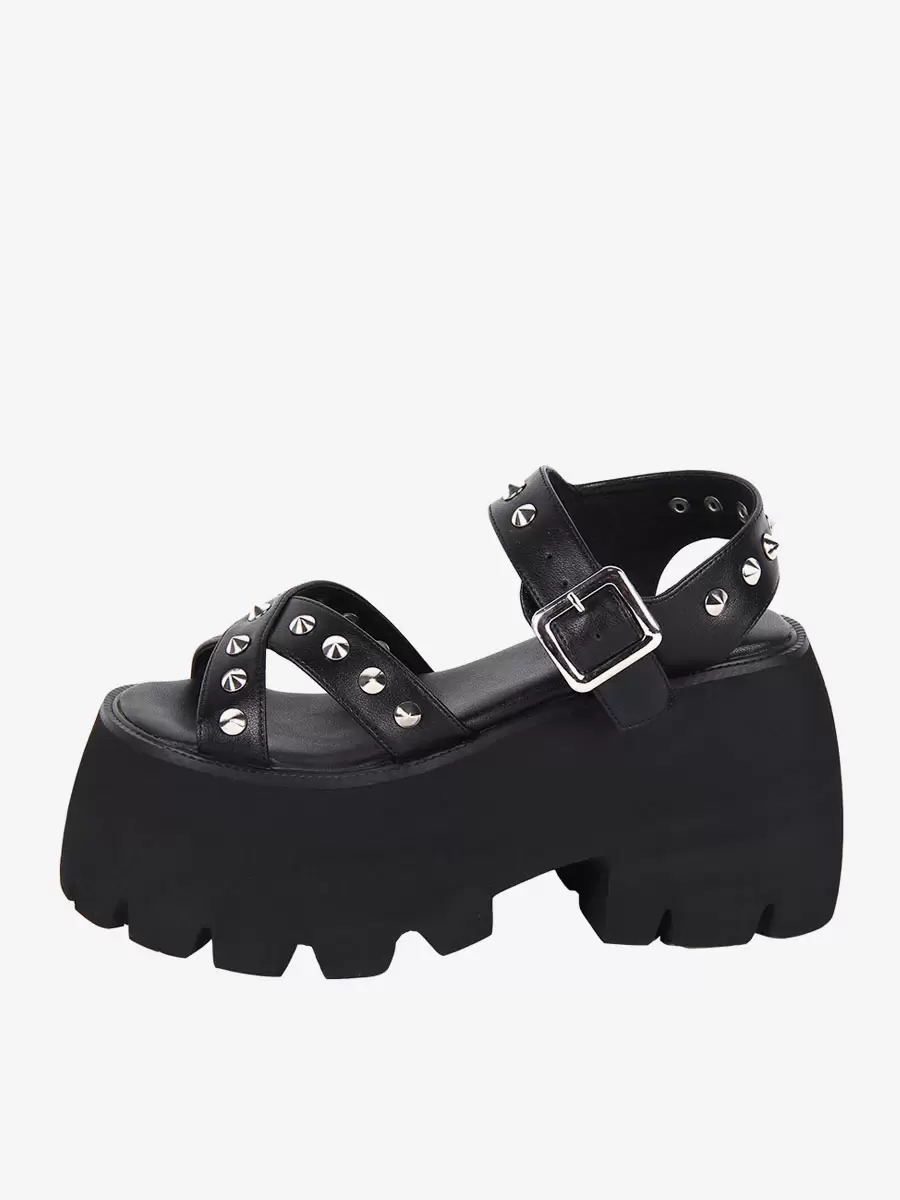 Gothic Lolita Sandals Metal Details Peep Toe Metallic PU Leather Black Lolita Summer Shoes - Image 4