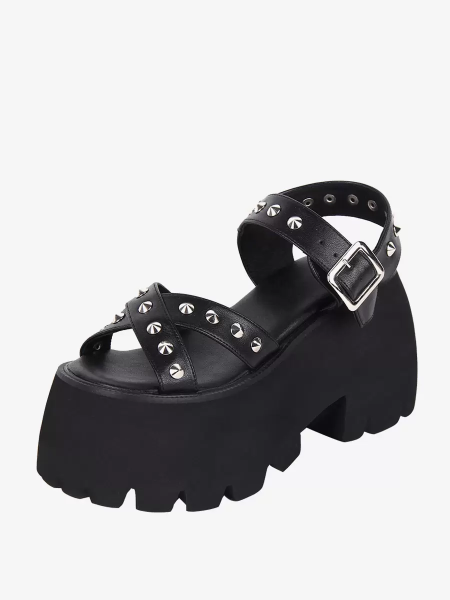 Gothic Lolita Sandals Metal Details Peep Toe Metallic PU Leather Black Lolita Summer Shoes - Image 5