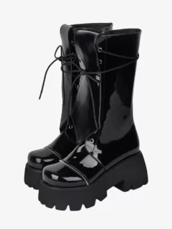 Gothic Lolita Boots PU Leather Glitter Lace Up Round Toe Black Lolita Footwear