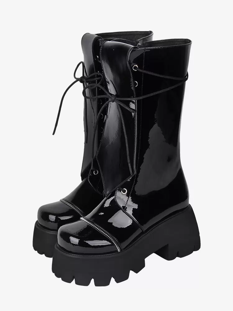 Gothic Lolita Boots PU Leather Glitter Lace Up Round Toe Black Lolita Footwear