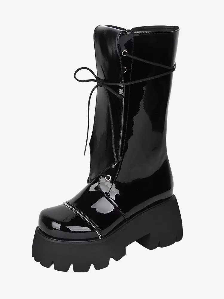 Gothic Lolita Boots PU Leather Glitter Lace Up Round Toe Black Lolita Footwear - Image 2