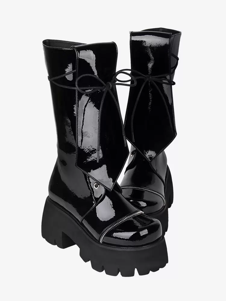 Gothic Lolita Boots PU Leather Glitter Lace Up Round Toe Black Lolita Footwear - Image 4