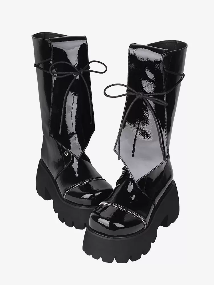 Gothic Lolita Boots PU Leather Glitter Lace Up Round Toe Black Lolita Footwear - Image 5