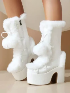 Sweet Lolita Boots Suede Nap Bows Round Toe White Lolita Footwear