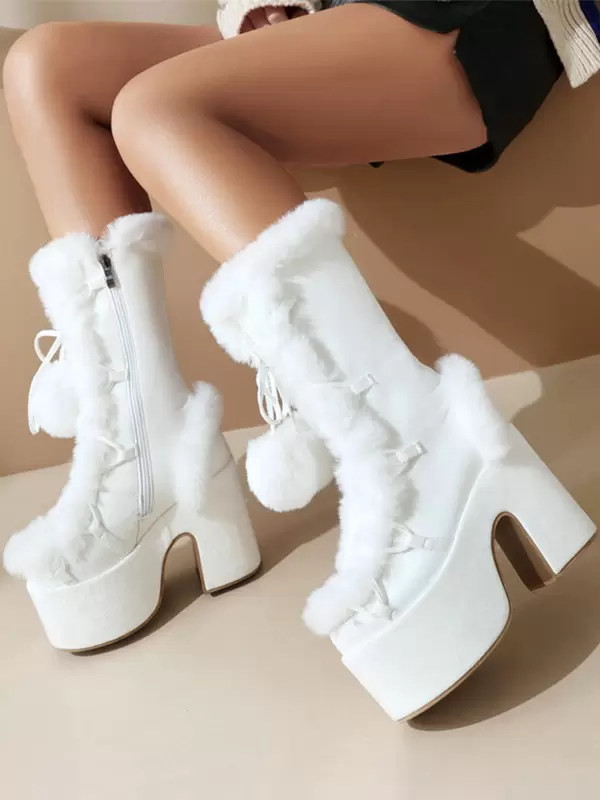 Sweet Lolita Boots Suede Nap Bows Round Toe White Lolita Footwear - Image 2