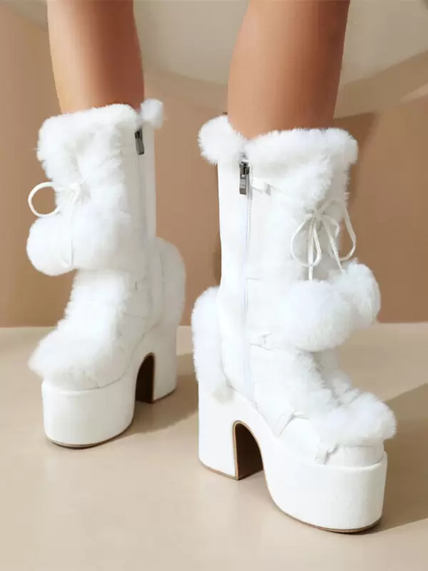 Sweet Lolita Boots Suede Nap Bows Round Toe White Lolita Footwear - Image 4