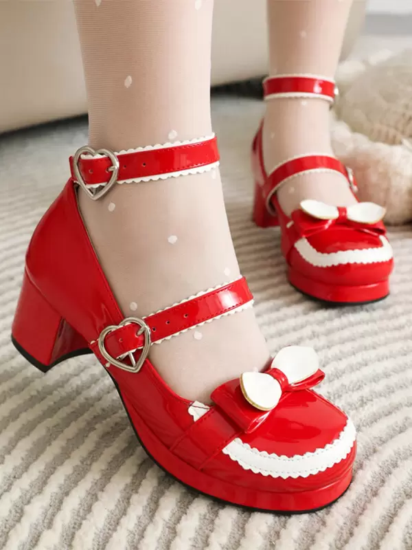 Sweet Lolita Footwear Red Bows PU Leather Chunky Heel Lolita Pumps
