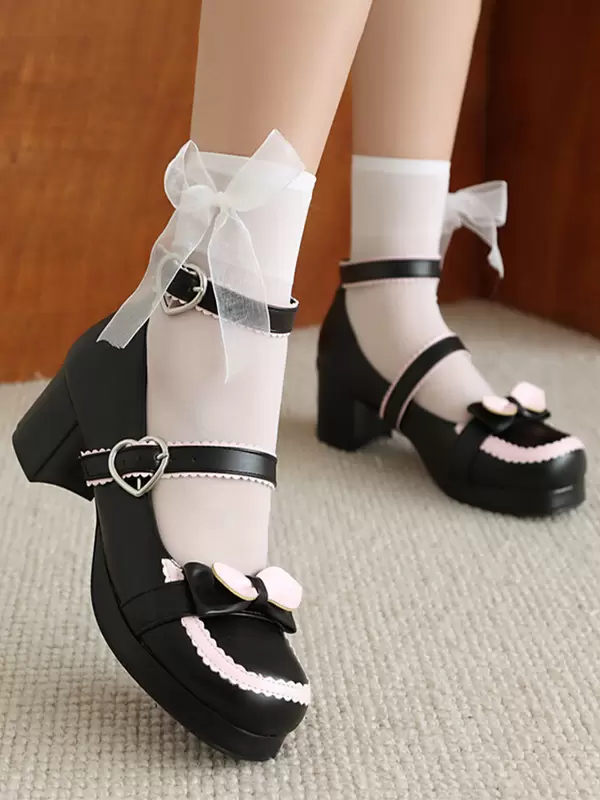 Sweet Lolita Footwear Red Bows PU Leather Chunky Heel Lolita Pumps - Image 6