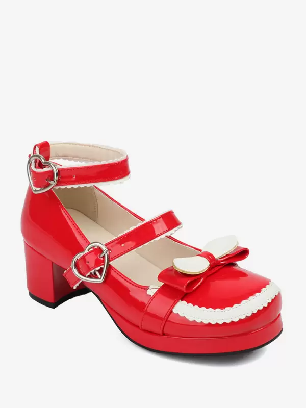Sweet Lolita Footwear Red Bows PU Leather Chunky Heel Lolita Pumps - Image 8