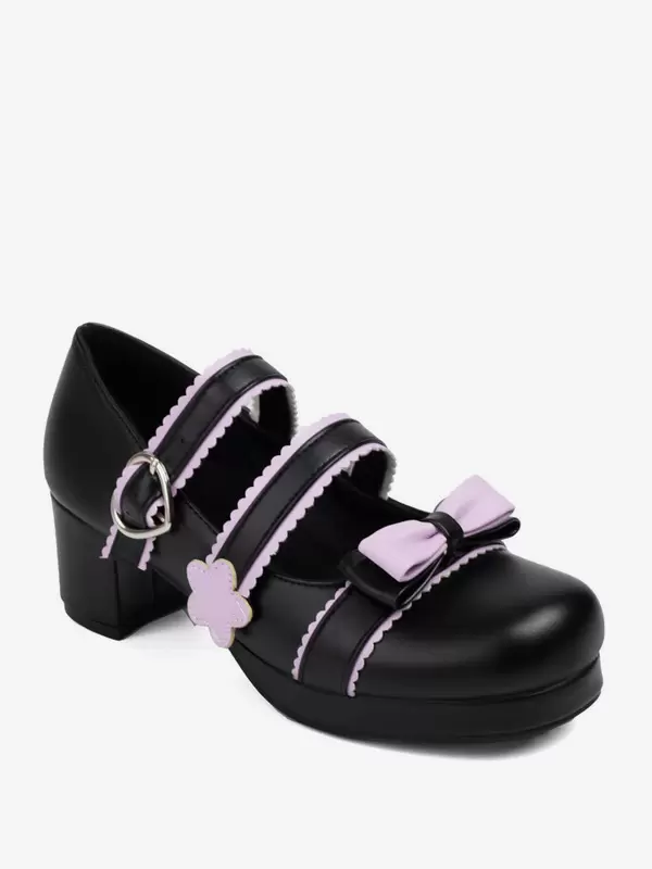 Sweet Lolita Footwear Black Bows PU Leather Chunky Heel Lolita Shoes - Image 9