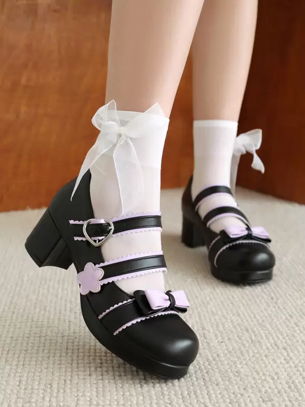 Sweet Lolita Footwear Black Bows PU Leather Chunky Heel Lolita Shoes