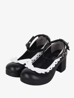 Sweet Lolita Footwear White Bows Bow PU Leather Chunky Heel Lolita Pumps