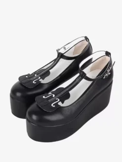 Sweet Lolita Footwear Black T-Strap PU Leather Wedge Heel Lolita Shoes
