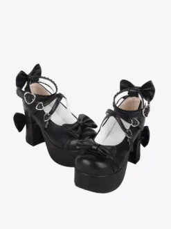 Sweet Lolita Footwear Black Bow Bows Round Toe PU Leather Lolita Pumps