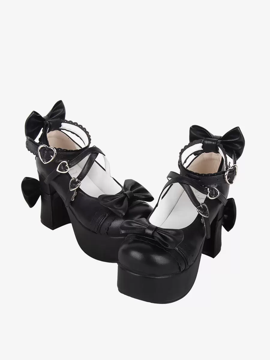 Sweet Lolita Footwear Black Bow Bows Round Toe PU Leather Lolita Pumps