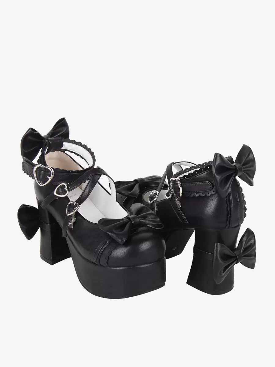 Sweet Lolita Footwear Black Bow Bows Round Toe PU Leather Lolita Pumps - Image 2