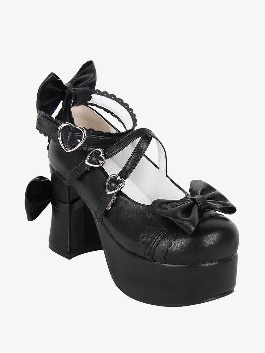 Sweet Lolita Footwear Black Bow Bows Round Toe PU Leather Lolita Pumps - Image 4