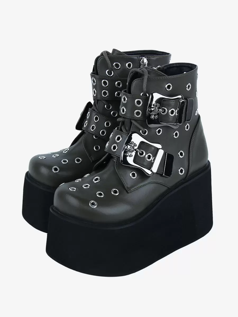 Gothic Lolita Boots PU Leather Metallic Grommets Round Toe Hunter Green Lolita Footwear