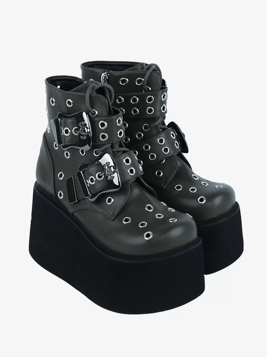 Gothic Lolita Boots PU Leather Metallic Grommets Round Toe Hunter Green Lolita Footwear - Image 2