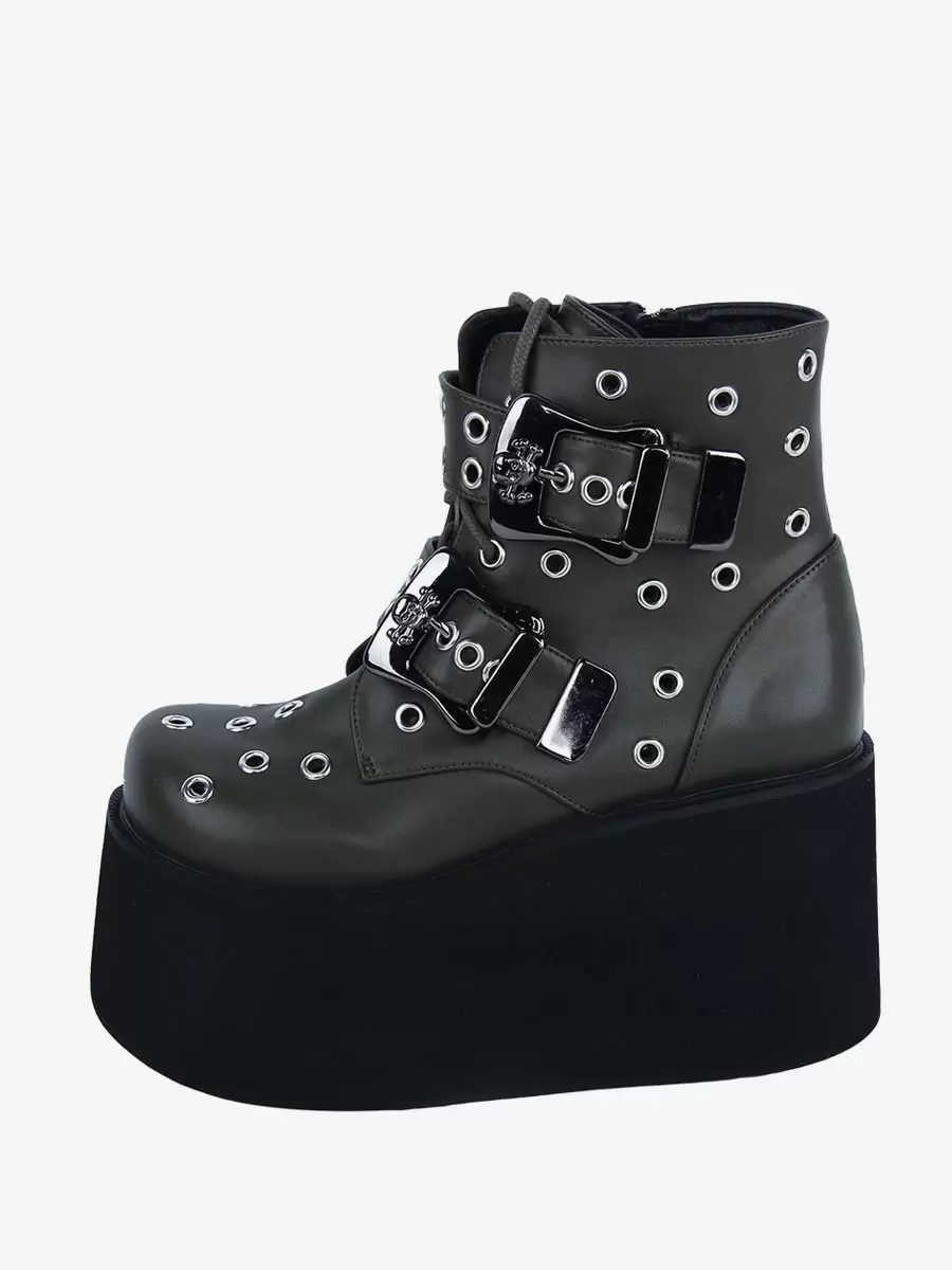 Gothic Lolita Boots PU Leather Metallic Grommets Round Toe Hunter Green Lolita Footwear - Image 3