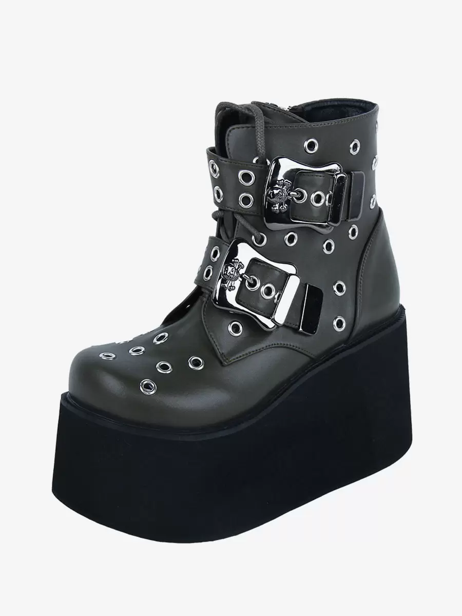 Gothic Lolita Boots PU Leather Metallic Grommets Round Toe Hunter Green Lolita Footwear - Image 4