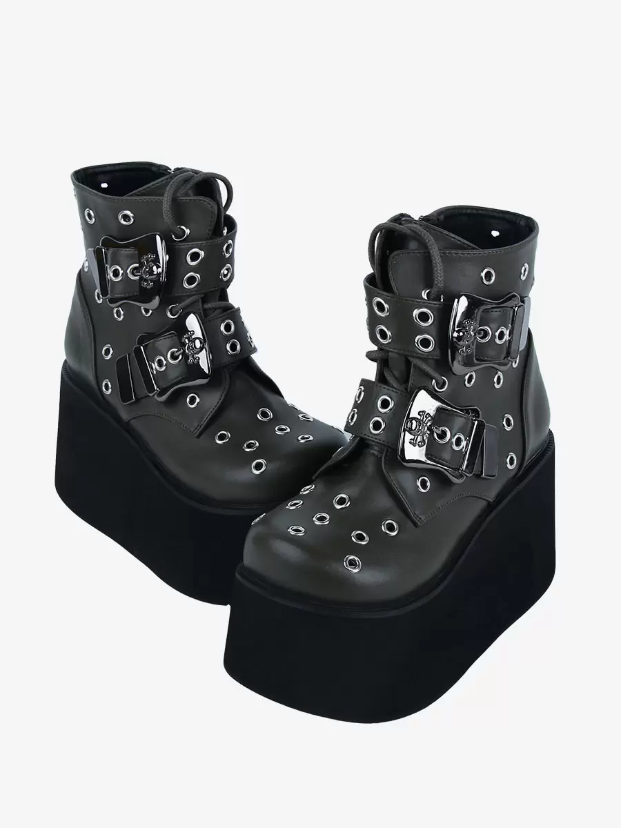 Gothic Lolita Boots PU Leather Metallic Grommets Round Toe Hunter Green Lolita Footwear - Image 5