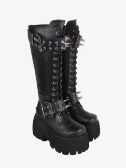 Gothic Lolita Boots Black Grommets Rivets Metallic Round Toe PU Leather Lolita Footwear