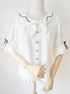 Sweet Lolita Blouses Lace Ruffles Half Sleeves Blouse Lolita Top Color Block Black Lolita Shirt