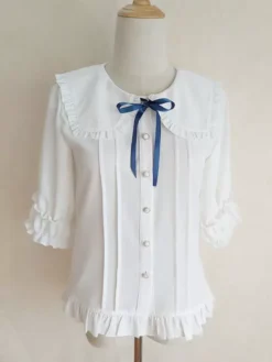 Academic Lolita Blouses Ecru White Lolita Top Half Sleeves Pleated Ruffles Lolita Shirt