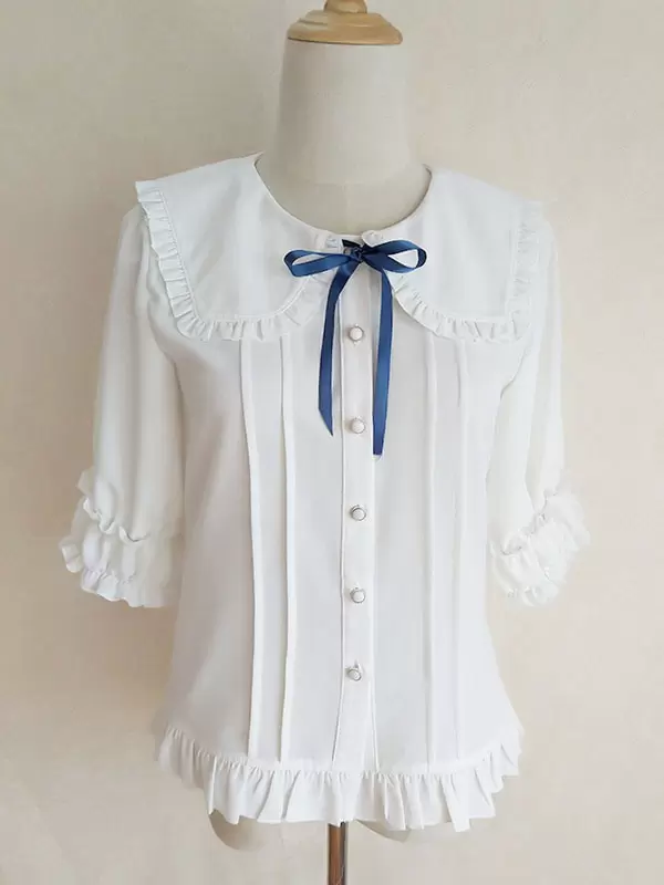 Academic Lolita Blouses Ecru White Lolita Top Half Sleeves Pleated Ruffles Lolita Shirt