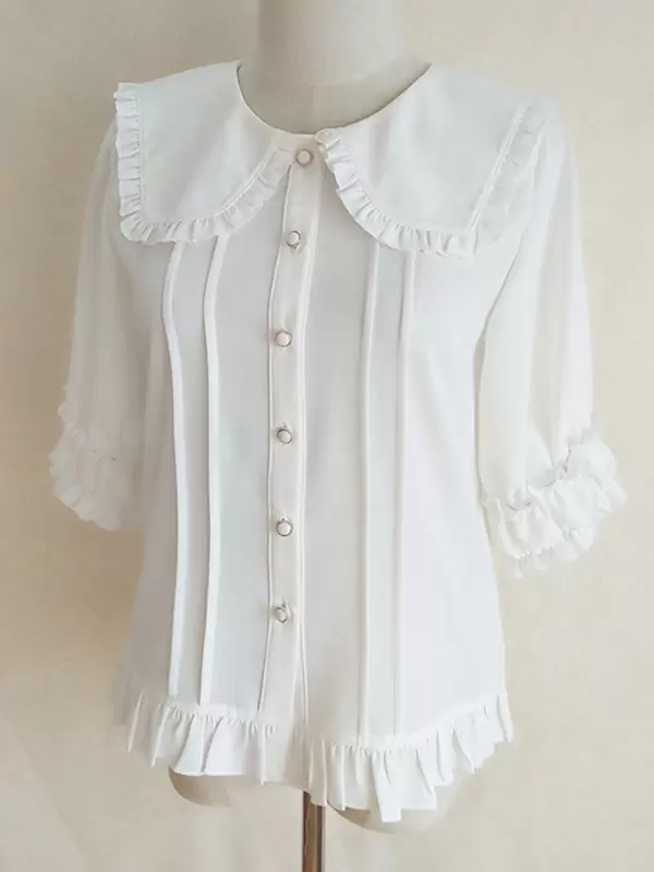 Academic Lolita Blouses Ecru White Lolita Top Half Sleeves Pleated Ruffles Lolita Shirt - Image 2