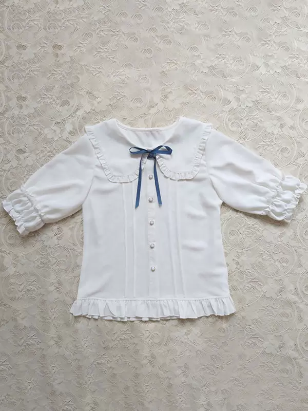 Academic Lolita Blouses Ecru White Lolita Top Half Sleeves Pleated Ruffles Lolita Shirt - Image 3