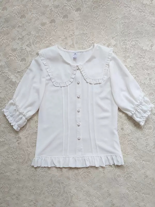 Academic Lolita Blouses Ecru White Lolita Top Half Sleeves Pleated Ruffles Lolita Shirt - Image 4