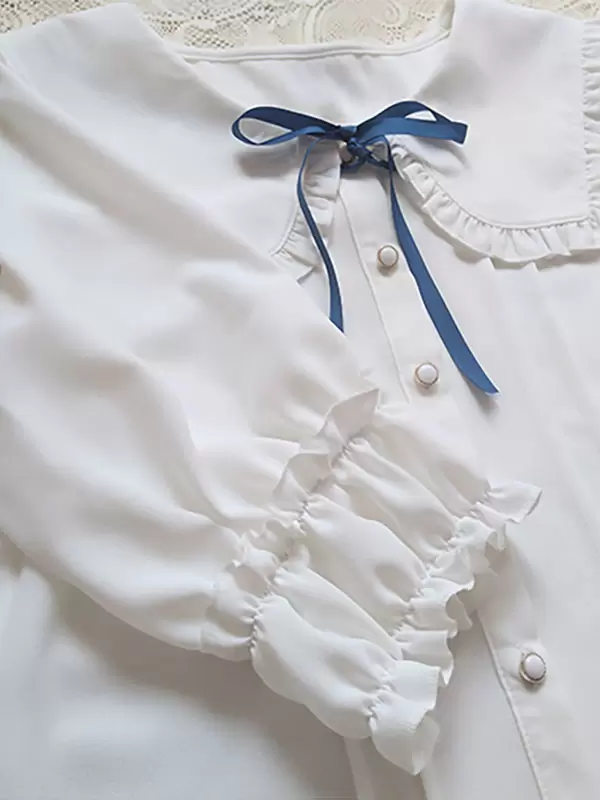 Academic Lolita Blouses Ecru White Lolita Top Half Sleeves Pleated Ruffles Lolita Shirt - Image 6