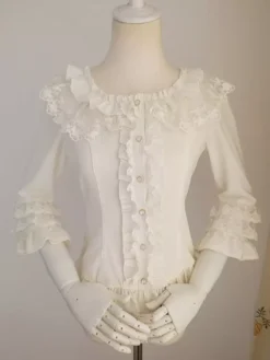 Sweet Lolita Blouses Ruffles Half Sleeves Blouse Lolita Top Ecru White Lolita Shirt