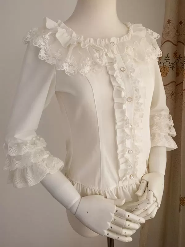 Sweet Lolita Blouses Ruffles Half Sleeves Blouse Lolita Top Ecru White Lolita Shirt - Image 2