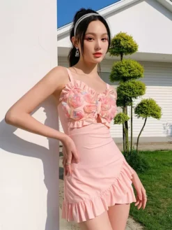 Sweet Lolita Swimsuits Light Sky Blue Ruffles Flowers Sleeveless Jumpsuit