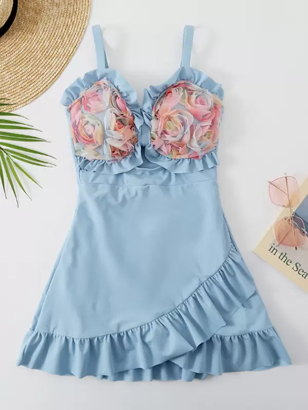 Sweet Lolita Swimsuits Light Sky Blue Ruffles Flowers Sleeveless Jumpsuit - Image 6