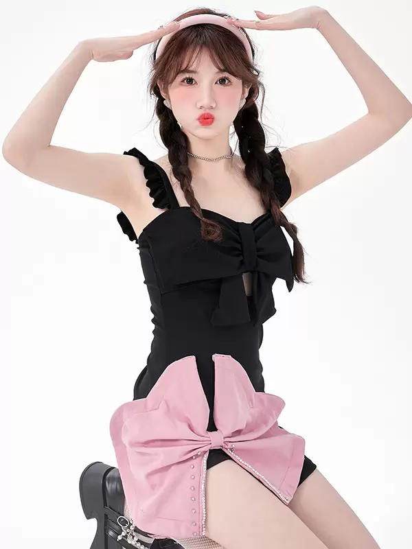 Sweet Lolita Swimsuits Black Ruffles Bows Sleeveless Dress Pants - Image 3