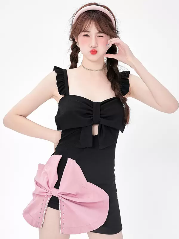 Sweet Lolita Swimsuits Black Ruffles Bows Sleeveless Dress Pants - Image 2
