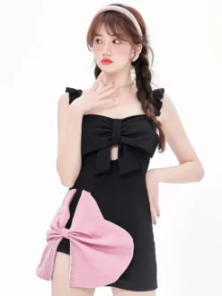 Sweet Lolita Swimsuits Black Ruffles Bows Sleeveless Dress Pants