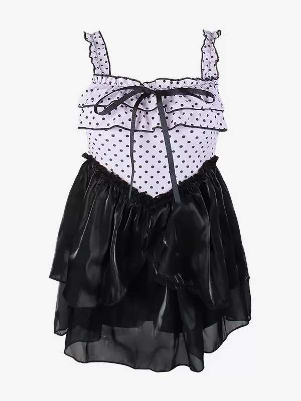 Sweet Lolita Swimsuits Black Ruffles Bows Polka Dot Sleeveless Jumpsuit - Image 7