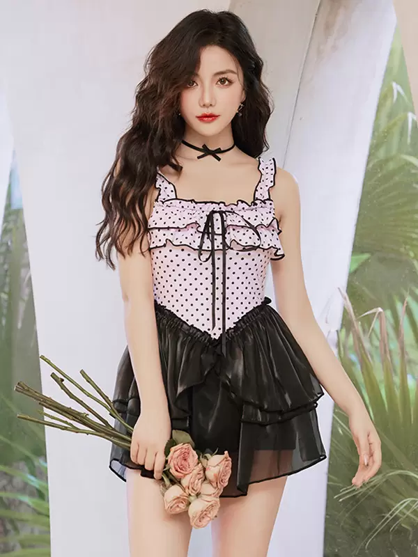 Sweet Lolita Swimsuits Black Ruffles Bows Polka Dot Sleeveless Jumpsuit - Image 4