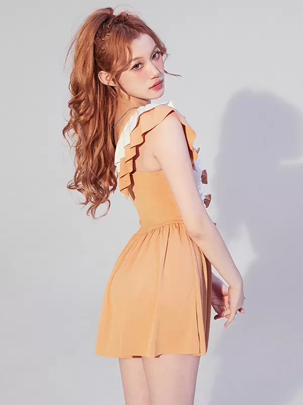 ROCOCO Style Lolita Swimsuits Orange Bows Ruffles Color Block Sleeveless Jumpsuit - Image 4