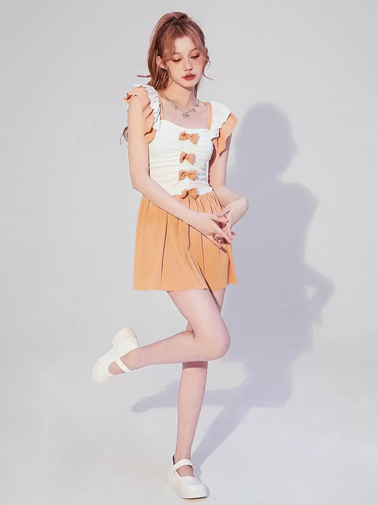 ROCOCO Style Lolita Swimsuits Orange Bows Ruffles Color Block Sleeveless Jumpsuit - Image 3