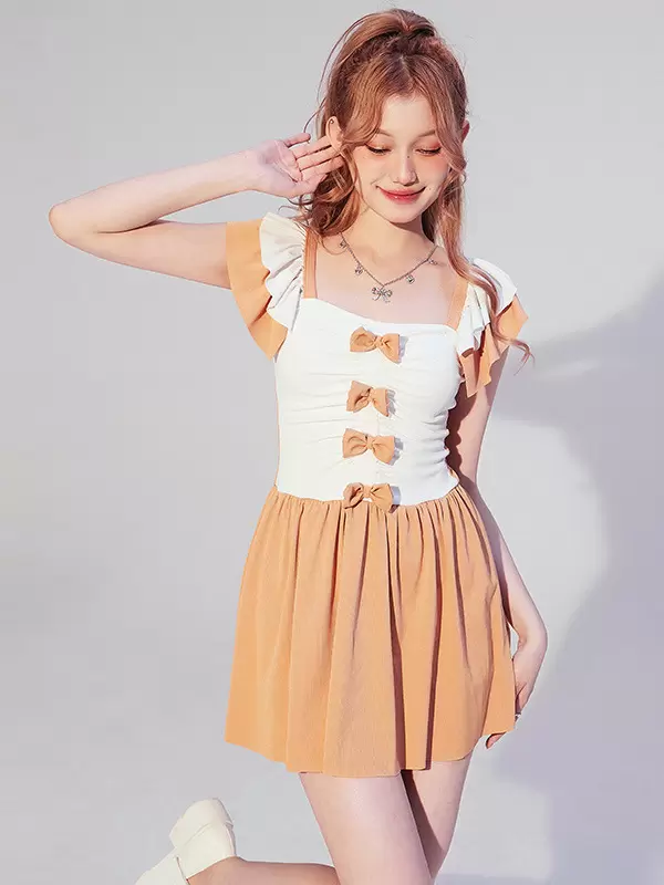 ROCOCO Style Lolita Swimsuits Orange Bows Ruffles Color Block Sleeveless Jumpsuit