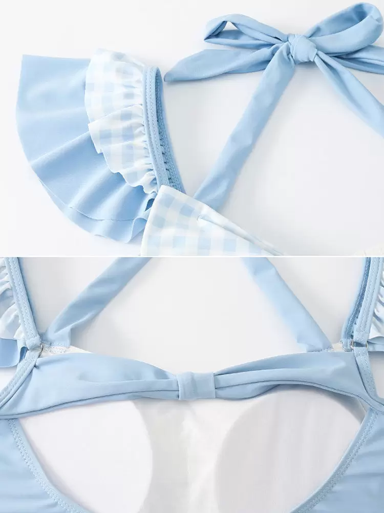 ROCOCO Style Lolita Swimsuits Light Sky Blue Plaid Bows Ruffles Sleeveless Jumpsuit - Image 7