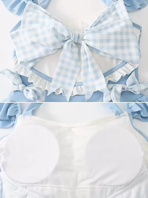 ROCOCO Style Lolita Swimsuits Light Sky Blue Plaid Bows Ruffles Sleeveless Jumpsuit - Image 6