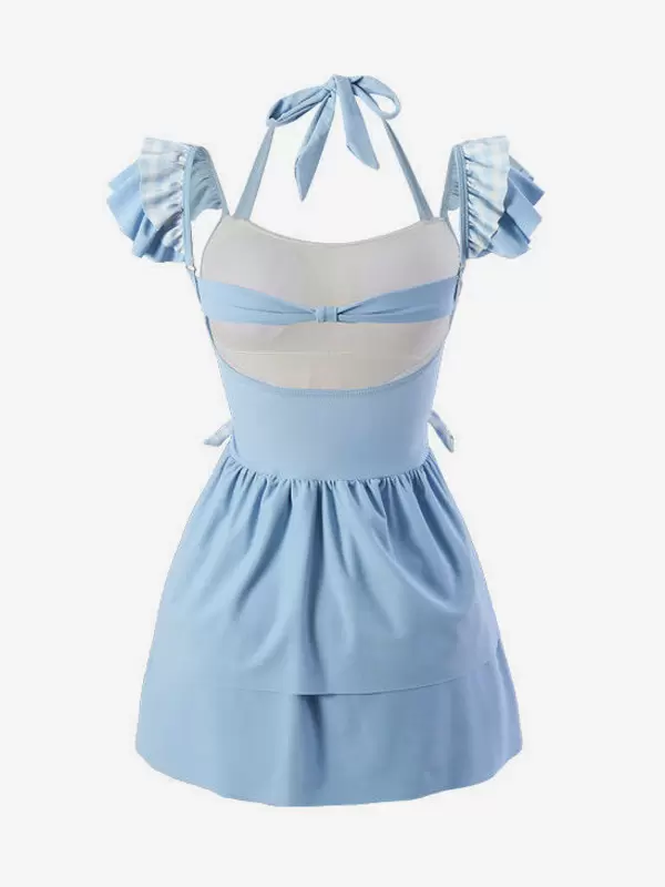 ROCOCO Style Lolita Swimsuits Light Sky Blue Plaid Bows Ruffles Sleeveless Jumpsuit - Image 5